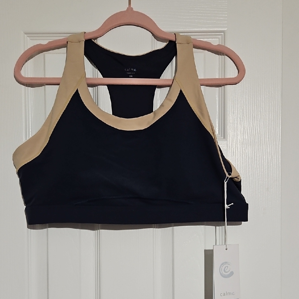 NWT Johnny Was Calme Color Block Navy and Tan Sports Bra sz.XXL removable pads